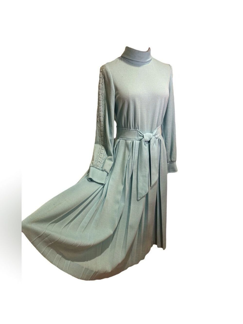 70s ICE BLUE MODEST MIDI DRESS HIGH NECK LACE INSERT SLEEVES PLEATED SKIRT SZ 8 - Picture 3 of 7